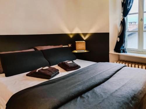 a bedroom with a bed with two pillows on it at [Centro storico] Luminoso spazio al Piazzo in Biella