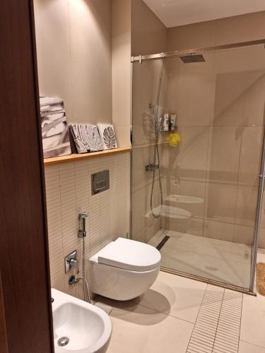 La salle de bains est pourvue d'une douche, de toilettes et d'un lavabo. dans l'établissement Sea Breeze White Villas 2, à Bilgah