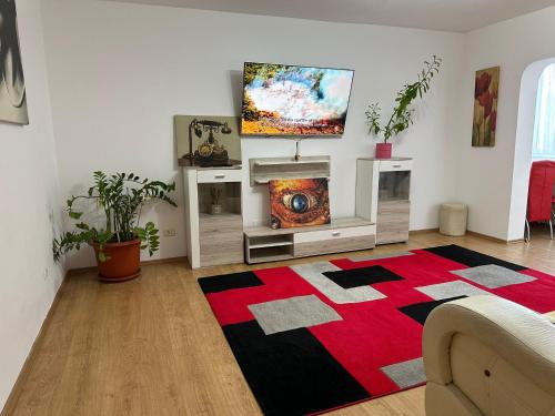 a living room with a fireplace and a tv at Afrodita Apartment in Timişoara