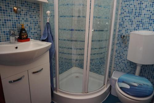 uma casa de banho com um chuveiro, um WC e um lavatório. em Apartmani Skledar em Vodice