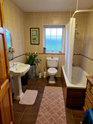 a bathroom with a tub and a toilet and a sink at Forest View Dunmore Galway H54P897 in Dunmore