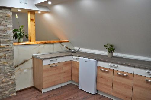 a kitchen with a white refrigerator and wooden cabinets at Apartman Tilia in Ravna Gora