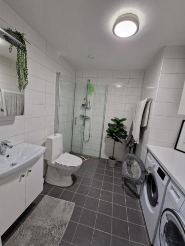 y baño con lavamanos y lavadora. en Homestay - private room in an apartment en Gotemburgo