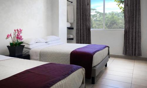 Habitación de hotel con 2 camas y ventana en HOTEL AMAZON GREEN, en Puerto Misahuallí