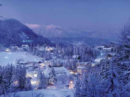 a small town covered in snow at night at Gemütliche Ferienwohnung - Prein an der Rax in Prein an der Rax