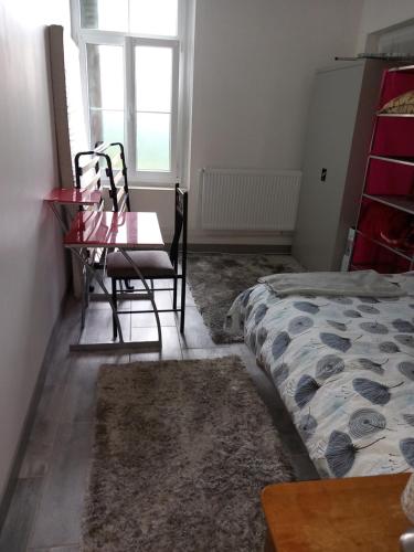 um quarto com uma cama, uma mesa e uma cadeira em Fleurs de loutus 2 em Romilly-sur-Seine