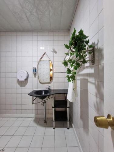 a bathroom with a sink and a mirror at Hotel Asturias in Viña del Mar