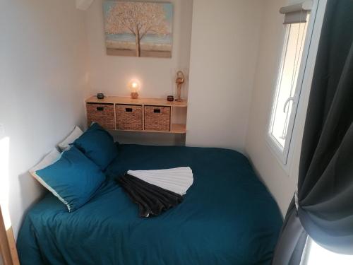 Cette petite chambre comprend un lit avec des oreillers bleus. dans l'établissement L’étoile de Tunis, à Boulogne-sur-Mer