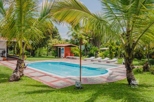 a swimming pool in a yard with two palm trees at Hotel Vivero Arte Vivo I Quindío I Eje Cafetero in La Tebaida