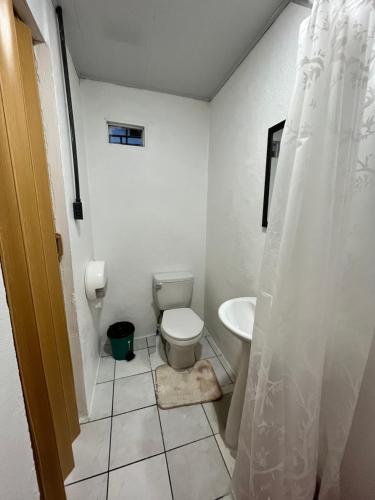 a white bathroom with a toilet and a sink at Cabinas Golfito in Golfito