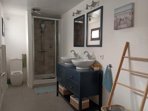 uma casa de banho com 2 lavatórios e um chuveiro em Jolie Dépendance em Le Brucat
