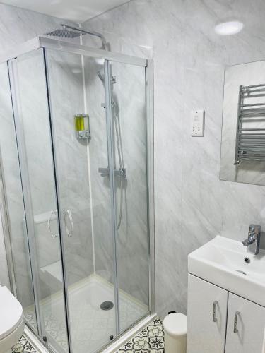 a shower in a bathroom with a toilet and a sink at Riverside En suite Double Room E14 in London