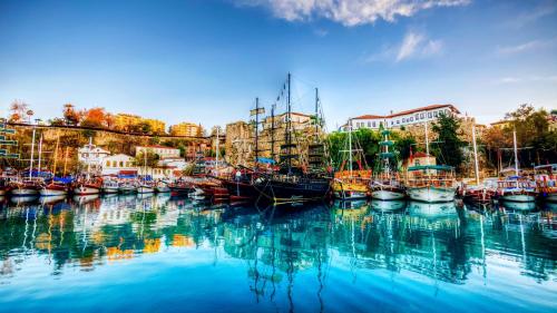 a bunch of boats are docked in a harbor at İn The Middle Hotel in Antalya