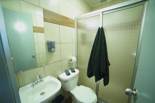 La salle de bains est pourvue de toilettes, d'un lavabo et d'une douche. dans l'établissement Hotel Sttiny Monterrey Tecnológico, à Monterrey