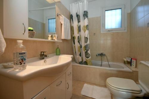 a bathroom with a sink and a toilet and a tub at Gaia cottage with garden in Epanomi