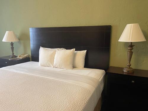 a bedroom with a large bed with two lamps at The Chateau Bloomington Hotel and Conference Center in Bloomington