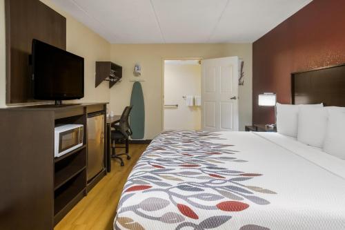 a hotel room with a large bed with a television at Red Roof Inn Atlanta South - Morrow in Morrow