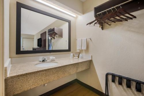 a bathroom with a sink and a mirror at Red Roof Inn Atlanta South - Morrow in Morrow