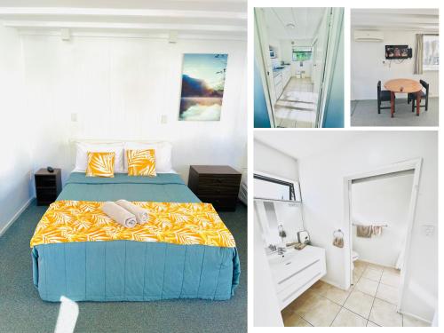 Quatre photos d'une chambre avec un lit et une salle de bains dans l'établissement Gothic Heights Motel, à Christchurch
