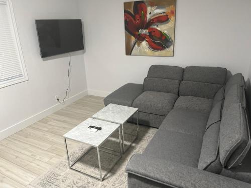 ein Wohnzimmer mit einem Sofa und einem Tisch in der Unterkunft Casa LACK - Tranquila Suites 3 in Ottawa