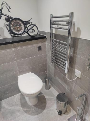 a bathroom with a toilet and a bike on a shelf at Liverpool holiday home in Liverpool