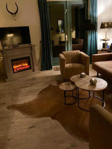 a living room with a couch and a fireplace at Forest Vacation Home -fenced garden- in Ewijk