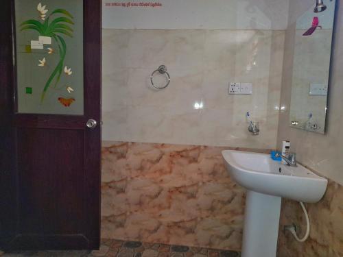 La salle de bains est pourvue d'un lavabo, d'un miroir et d'une porte. dans l'établissement Simba Guest house, à Sigirîya