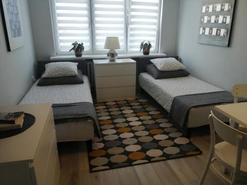 Habitación pequeña con 2 camas y alfombra en Apartament Classic Południe en Włocławek