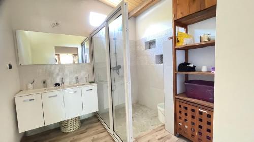 ein Bad mit einer Dusche und einem Waschbecken in der Unterkunft Harena Villa in Morondava