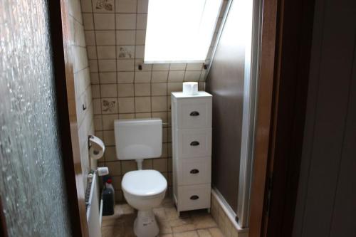 a small bathroom with a toilet and a window at Haus Leevke in Pewsum