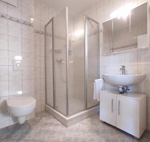 ein Bad mit einer Dusche, einem Waschbecken und einem WC in der Unterkunft Seegurke in Am Schwarzen Busch
