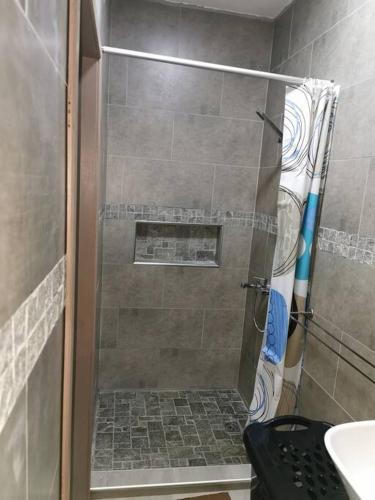 a shower with a glass door in a bathroom at Three bedrooms House on first floor and access to swimming pool in Roches Brunes