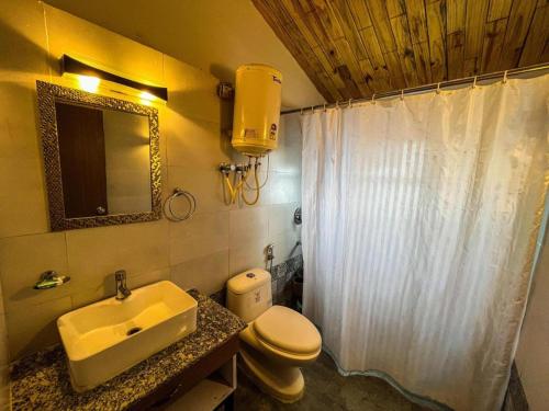 a bathroom with a sink and a toilet and a mirror at Mountain View Resort Nainital in Nainital