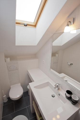 a bathroom with a sink and a toilet and a mirror at Villa Vinica in Limbach