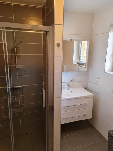ein Bad mit einer Dusche und einem Waschbecken in der Unterkunft Apartment Carolina in Rogašovci