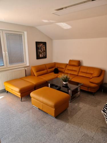 ein Wohnzimmer mit einem Sofa und einem Tisch in der Unterkunft Apartment Carolina in Rogašovci