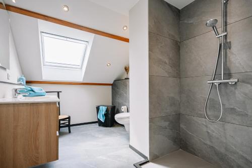 uma casa de banho com um chuveiro e um WC. em BuitenGewoon Libeek em Sint Geertruid
