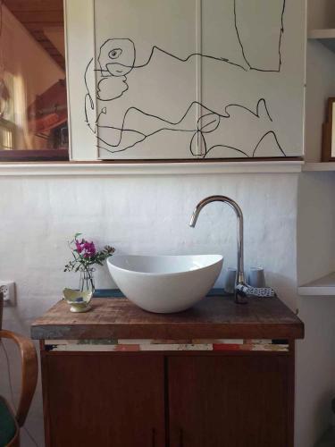 a bathroom with a white bowl sink on a wooden counter at De Museumkamer in Den Burg