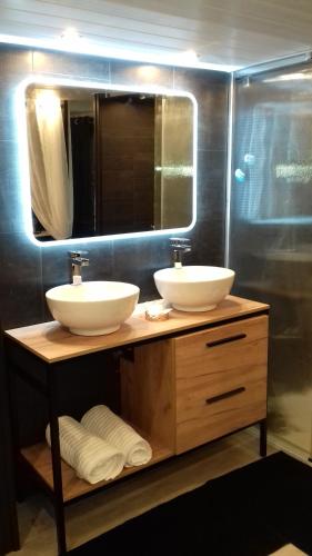 La salle de bains est pourvue de 2 lavabos et d'un miroir. dans l'établissement le gite du hérisson, 