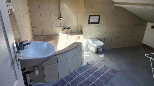 une salle de bain avec un lavabo, une baignoire et des toilettes dans l'établissement CHATEAU JAPY APPARTEMENT DUPLEX NY, à Dasle