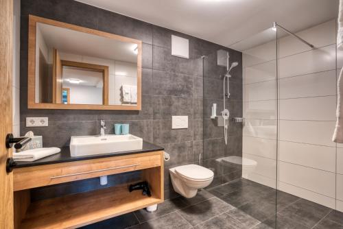 a bathroom with a sink and a toilet and a shower at HUS23 with Wellness in Schröcken