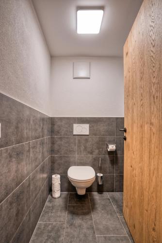 a bathroom with a toilet in a room at HUS23 with Wellness in Schröcken