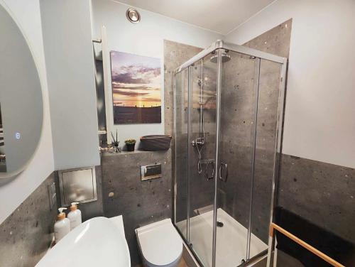 La salle de bains est pourvue d'une douche, de toilettes et d'un lavabo. dans l'établissement Centrum Miasta, à Stargard