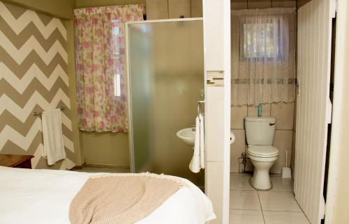 uma casa de banho com uma cama, um WC e um chuveiro em Cozy Blue Guesthouse em East London