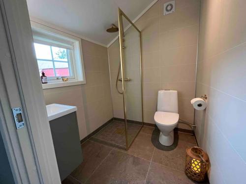a bathroom with a shower and a toilet and a window at Nakkentunet - familievennlig hus på gårdstun. in Ørskog