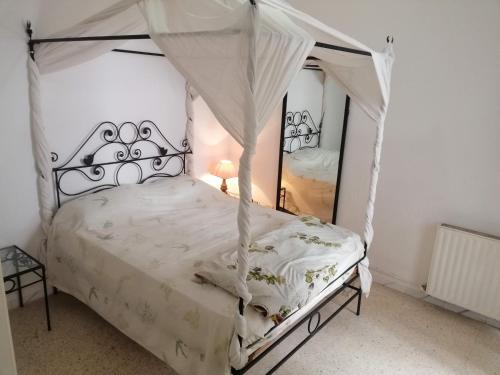 a bedroom with a canopy bed with a mirror at Palmeraies vacances Tunis in La Marsa