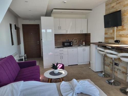 ein Wohnzimmer mit einem lila Sofa und einer Küche in der Unterkunft Kloudscape Apartman Milmari Resort & Spa in Kopaonik