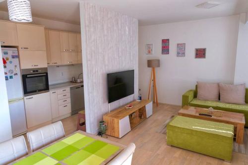 een woonkamer met een televisie en een keuken bij Cosy apartment in Kumanovo in Kumanovo