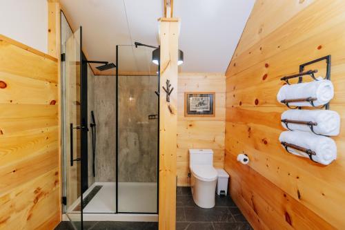 a bathroom with a shower and a toilet at Battenkill Glamping Resort in Cambridge