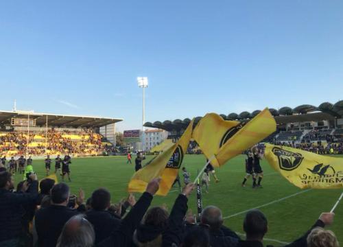 a crowd of people holding up flags at a soccer game at Au cocon de Bélice in Benon